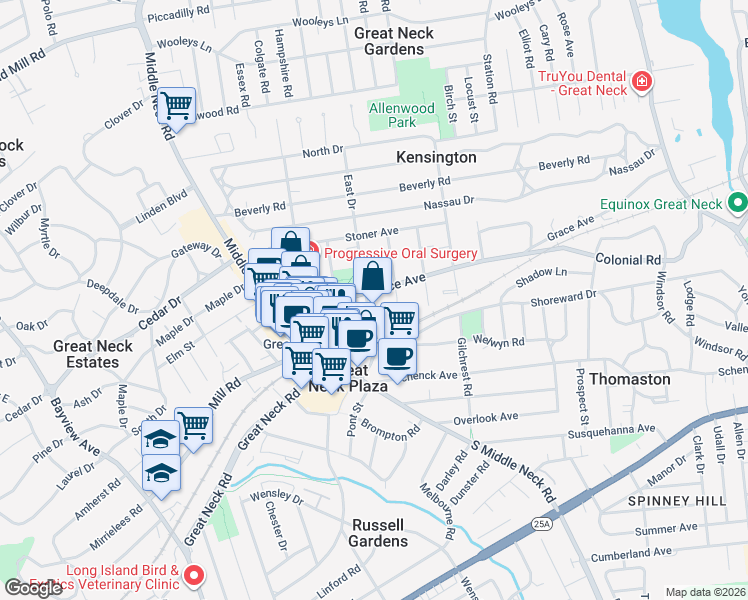 map of restaurants, bars, coffee shops, grocery stores, and more near 21 Barstow Road in Great Neck