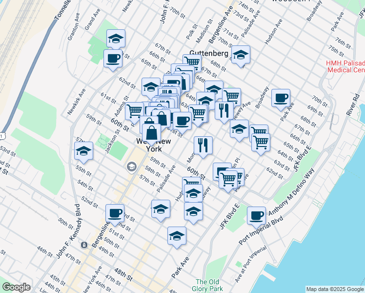map of restaurants, bars, coffee shops, grocery stores, and more near 6107A Palisade Avenue in West New York