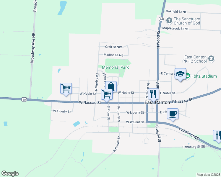 map of restaurants, bars, coffee shops, grocery stores, and more near 341 West Noble Street in East Canton