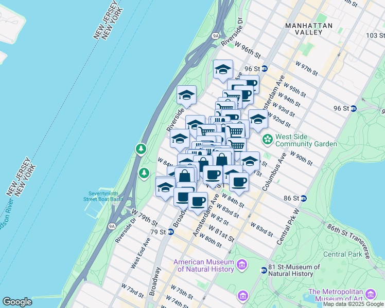 map of restaurants, bars, coffee shops, grocery stores, and more near 302 West 86th Street in New York