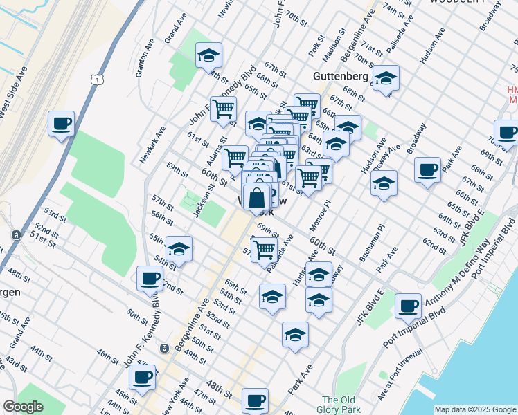 map of restaurants, bars, coffee shops, grocery stores, and more near Bergenline Avenue & 60th Street in West New York