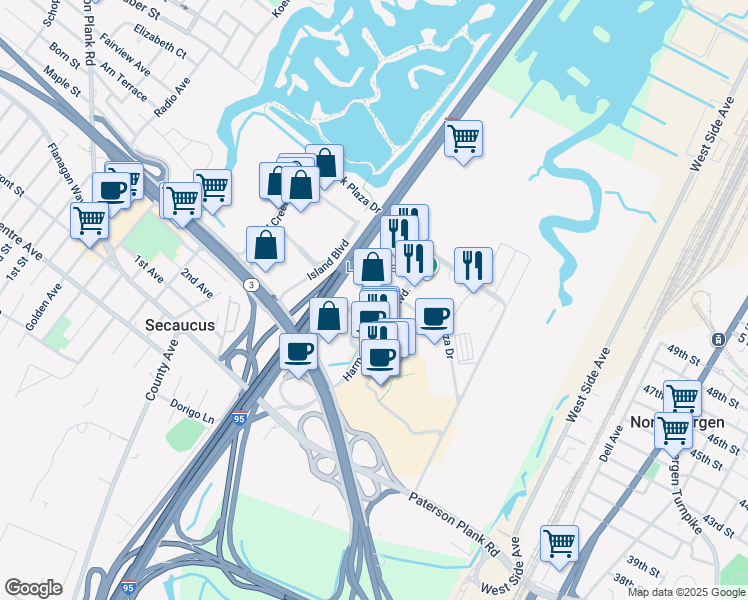 map of restaurants, bars, coffee shops, grocery stores, and more near 400 Plaza Drive in Secaucus
