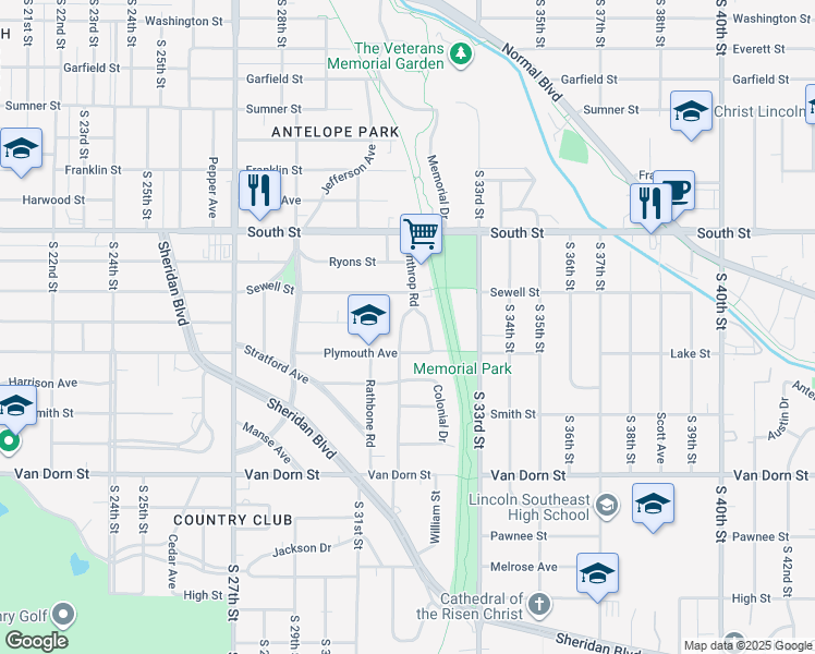 map of restaurants, bars, coffee shops, grocery stores, and more near 2320 Colonial Drive in Lincoln