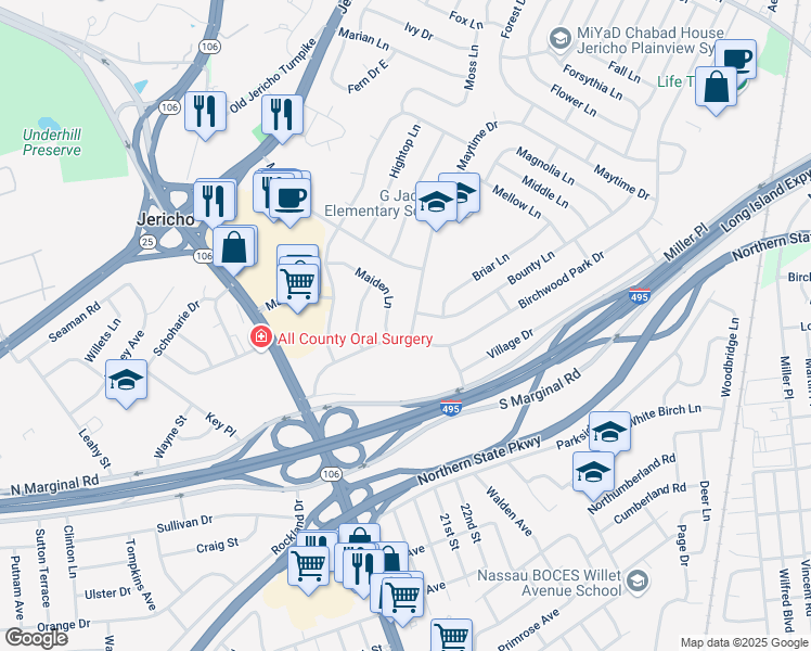 map of restaurants, bars, coffee shops, grocery stores, and more near 23 Maytime Drive in Jericho