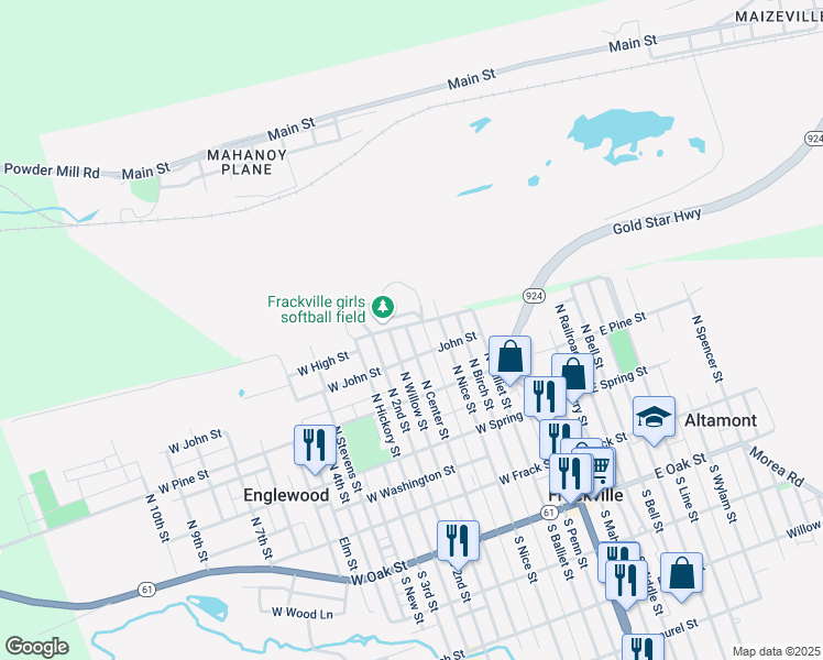 map of restaurants, bars, coffee shops, grocery stores, and more near 218 West High Street in Frackville