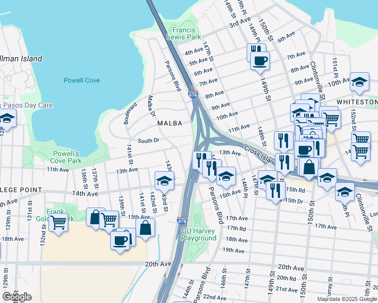 map of restaurants, bars, coffee shops, grocery stores, and more near 11-16 Whitestone Expressway in Queens