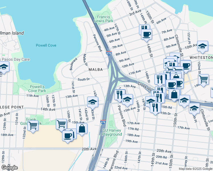 map of restaurants, bars, coffee shops, grocery stores, and more near 11-16 Whitestone Expressway in Queens