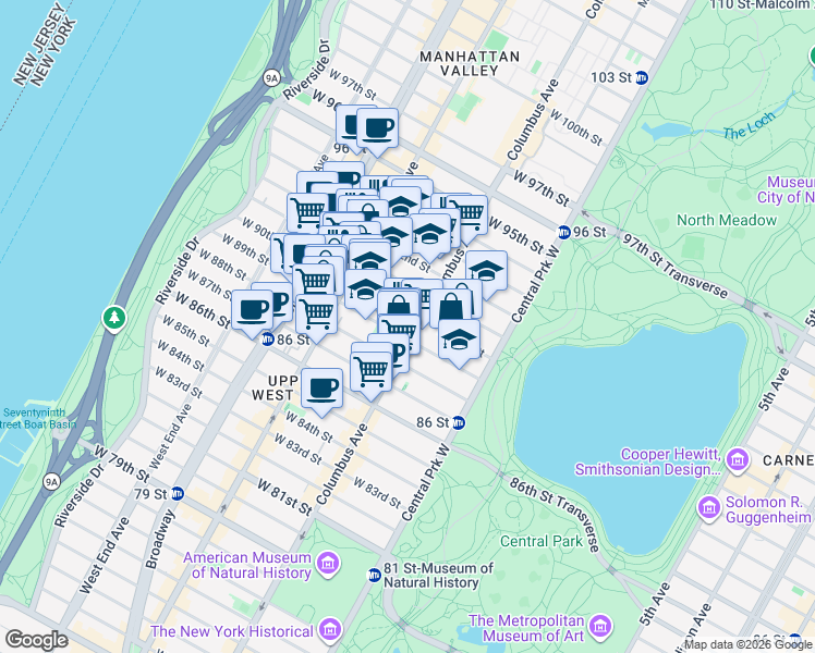 map of restaurants, bars, coffee shops, grocery stores, and more near 600 Columbus Avenue in New York