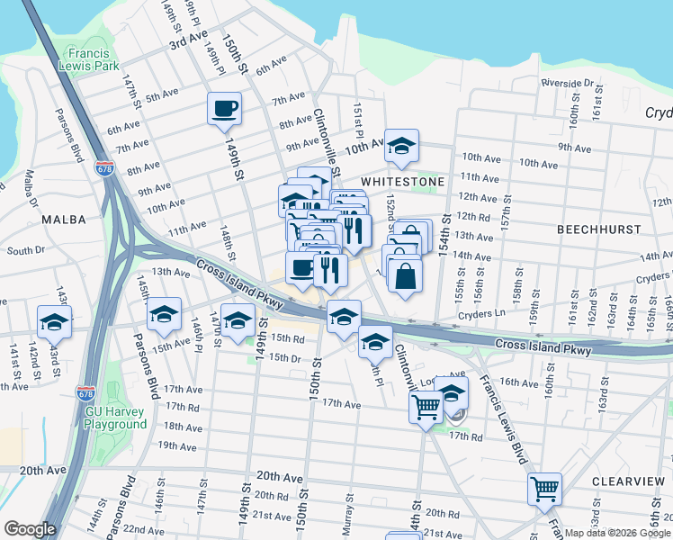 map of restaurants, bars, coffee shops, grocery stores, and more near in Queens
