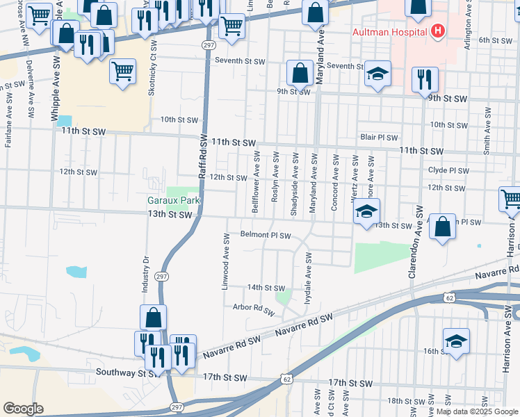 map of restaurants, bars, coffee shops, grocery stores, and more near 1222 Bellflower Avenue Southwest in Canton