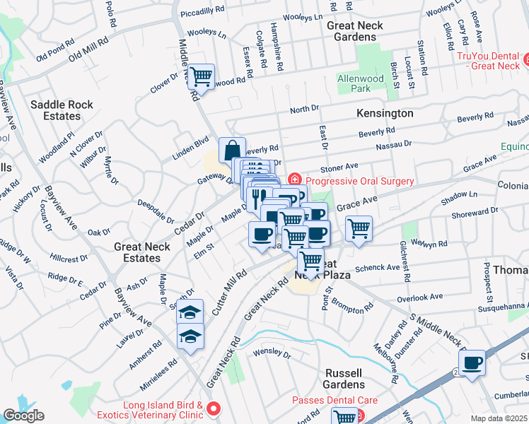 map of restaurants, bars, coffee shops, grocery stores, and more near 79 Middle Neck Road in Great Neck Plaza