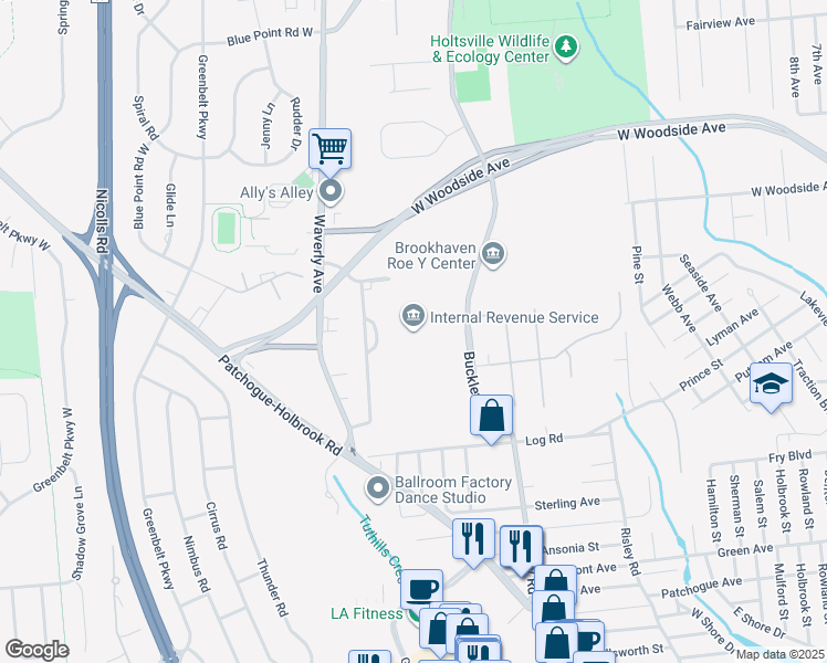 map of restaurants, bars, coffee shops, grocery stores, and more near 1040 Waverly Avenue in Holtsville