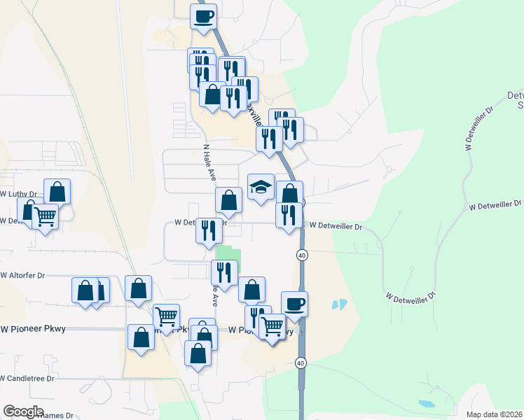 map of restaurants, bars, coffee shops, grocery stores, and more near 809 West Detweiller Drive in Peoria