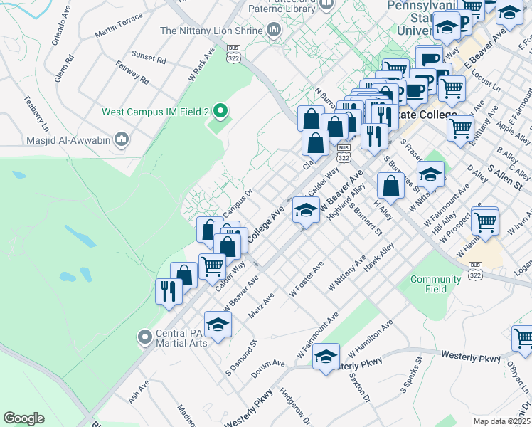 map of restaurants, bars, coffee shops, grocery stores, and more near 118 North Sparks Street in State College