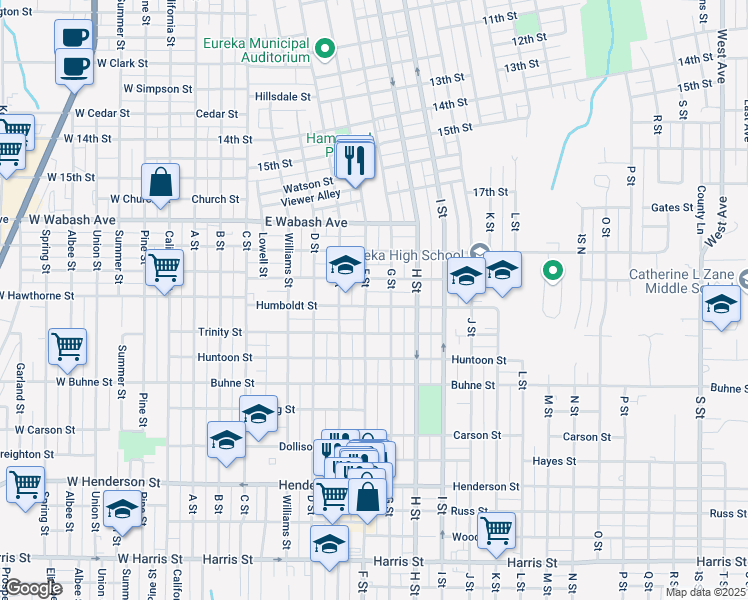 map of restaurants, bars, coffee shops, grocery stores, and more near Sonoma Street in Eureka