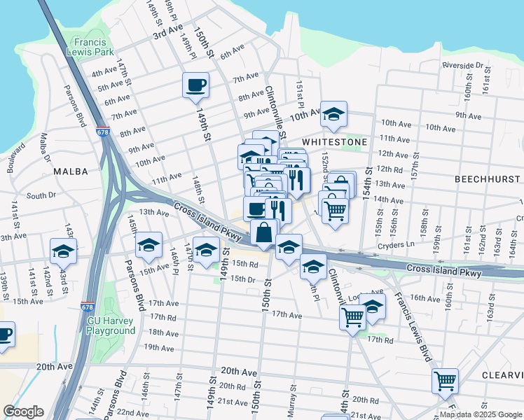 map of restaurants, bars, coffee shops, grocery stores, and more near 12-47 150th Street in Queens