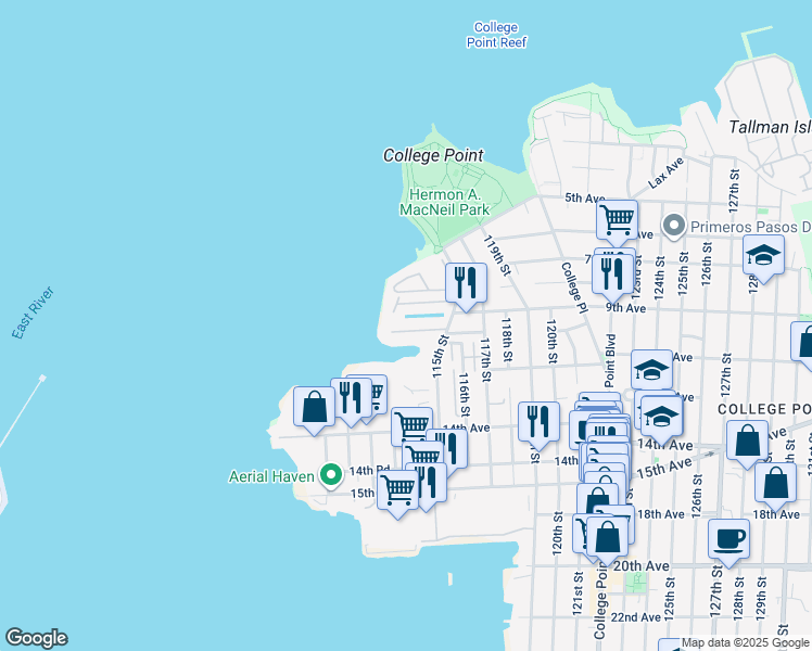 map of restaurants, bars, coffee shops, grocery stores, and more near 114-20 Dalian Court in Queens