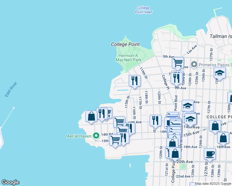 map of restaurants, bars, coffee shops, grocery stores, and more near 114-20 Dalian Court in Queens