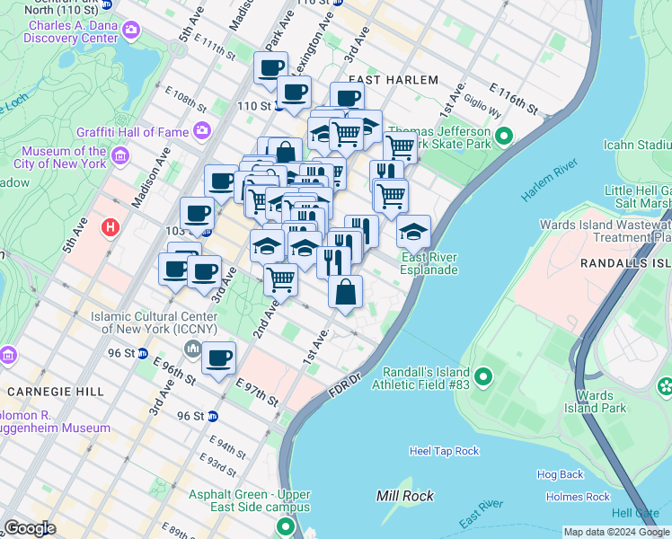map of restaurants, bars, coffee shops, grocery stores, and more near 335 East 105th Street in New York