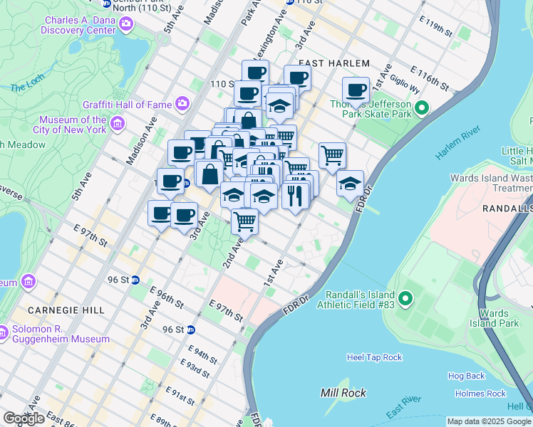 map of restaurants, bars, coffee shops, grocery stores, and more near 306 East 105th Street in New York