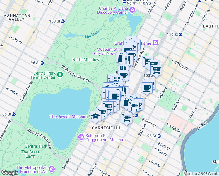 map of restaurants, bars, coffee shops, grocery stores, and more near 1175 Museum Mile in New York