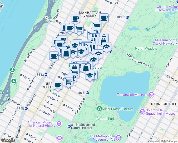 map of restaurants, bars, coffee shops, grocery stores, and more near 32 West 92nd Street in New York