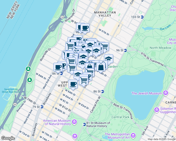 map of restaurants, bars, coffee shops, grocery stores, and more near 113 West 90th Street in New York