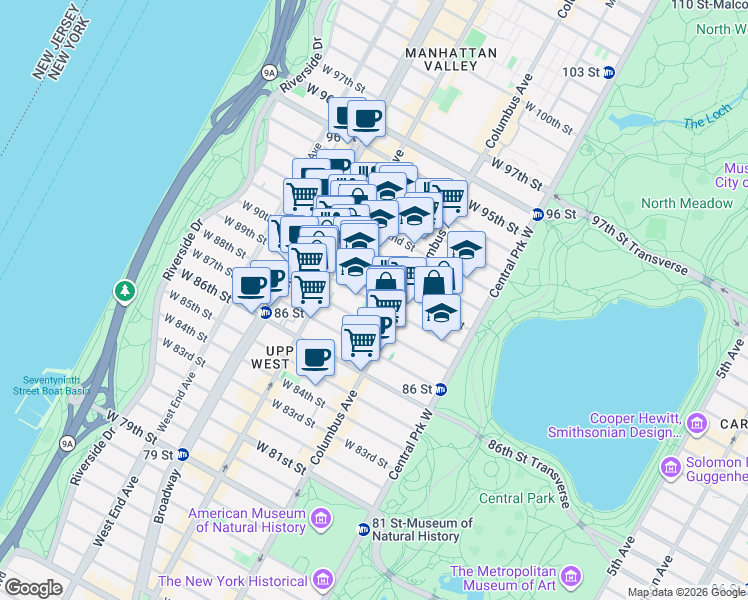 map of restaurants, bars, coffee shops, grocery stores, and more near 113 West 90th Street in New York