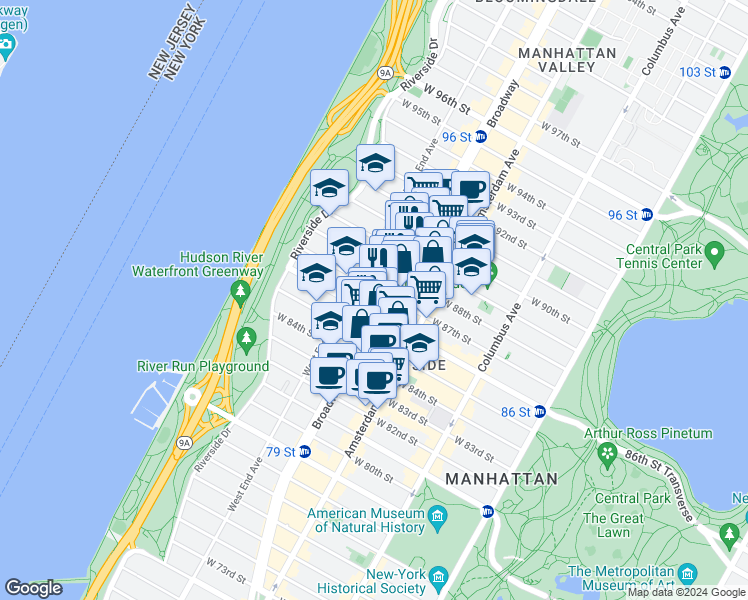 map of restaurants, bars, coffee shops, grocery stores, and more near 269 West 87th Street in New York