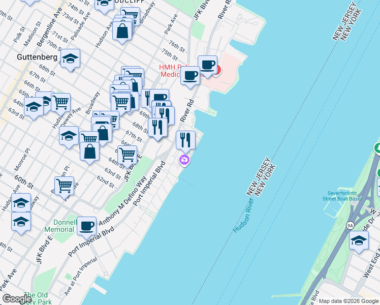 map of restaurants, bars, coffee shops, grocery stores, and more near 31 Lydia Drive in Guttenberg