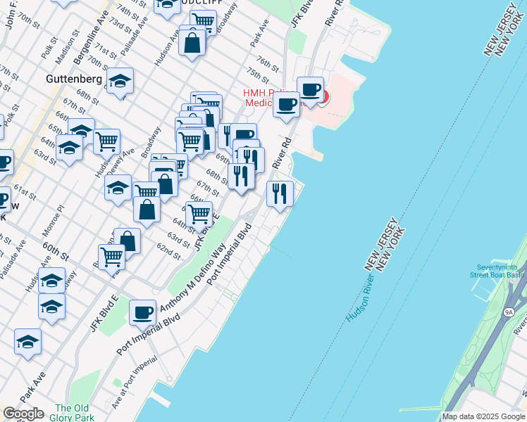 map of restaurants, bars, coffee shops, grocery stores, and more near 161 Lydia Drive in Guttenberg
