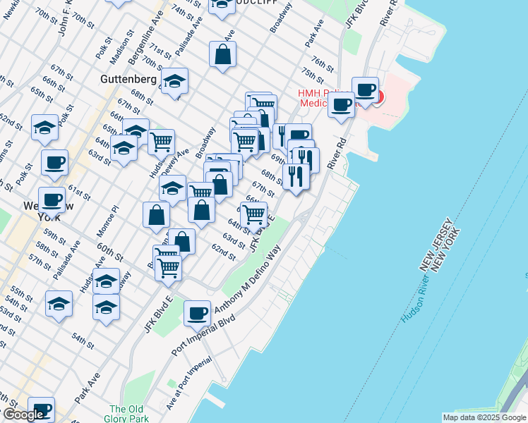 map of restaurants, bars, coffee shops, grocery stores, and more near 6609 JFK Boulevard East in West New York