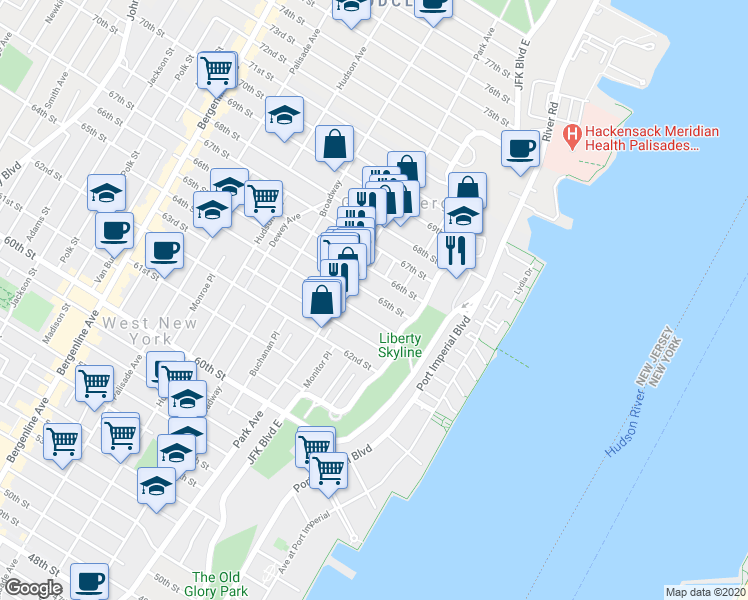 map of restaurants, bars, coffee shops, grocery stores, and more near 6612B Lincoln Place in West New York