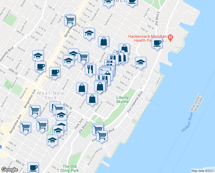 map of restaurants, bars, coffee shops, grocery stores, and more near 6509 Park Avenue in West New York