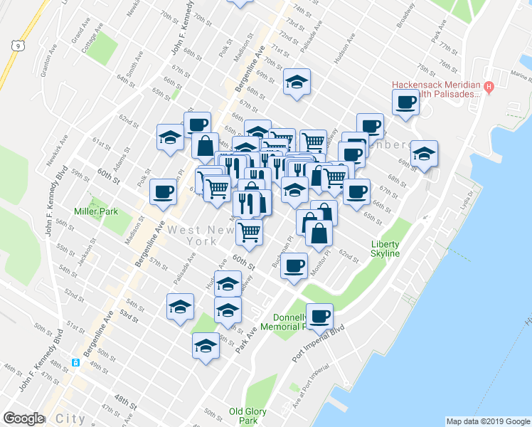 map of restaurants, bars, coffee shops, grocery stores, and more near 6200 Hudson Avenue in West New York