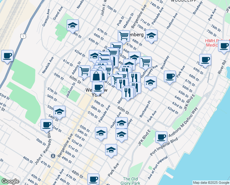 map of restaurants, bars, coffee shops, grocery stores, and more near 6107A Palisade Avenue in West New York