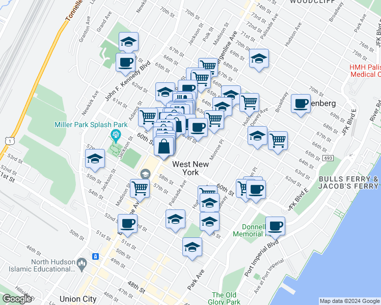 map of restaurants, bars, coffee shops, grocery stores, and more near 429 61st Street in West New York