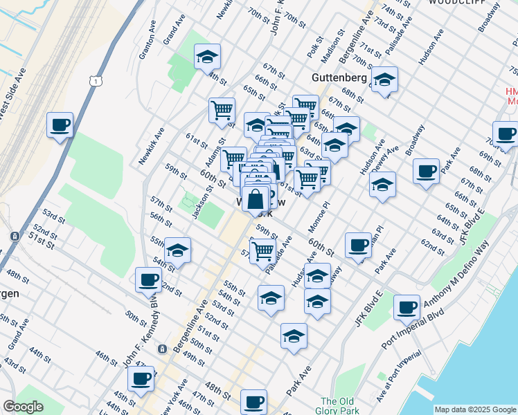 map of restaurants, bars, coffee shops, grocery stores, and more near 6103 Bergenline Avenue in West New York