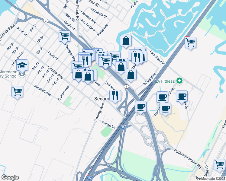 map of restaurants, bars, coffee shops, grocery stores, and more near 62 2nd Avenue in Secaucus