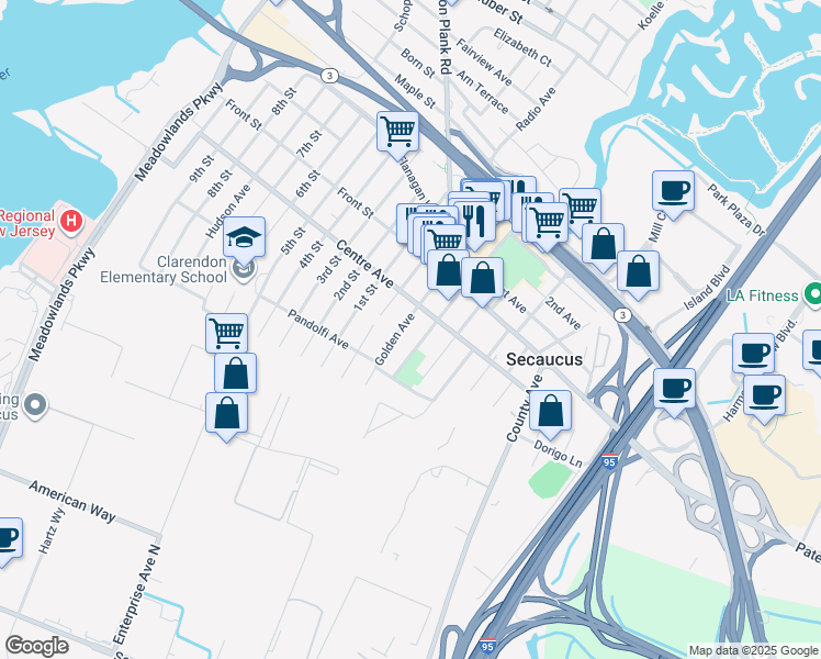 map of restaurants, bars, coffee shops, grocery stores, and more near 135 Centre Avenue in Secaucus