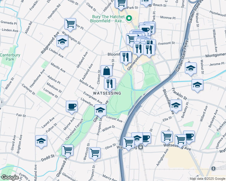 map of restaurants, bars, coffee shops, grocery stores, and more near 198 Glenwood Avenue in Bloomfield