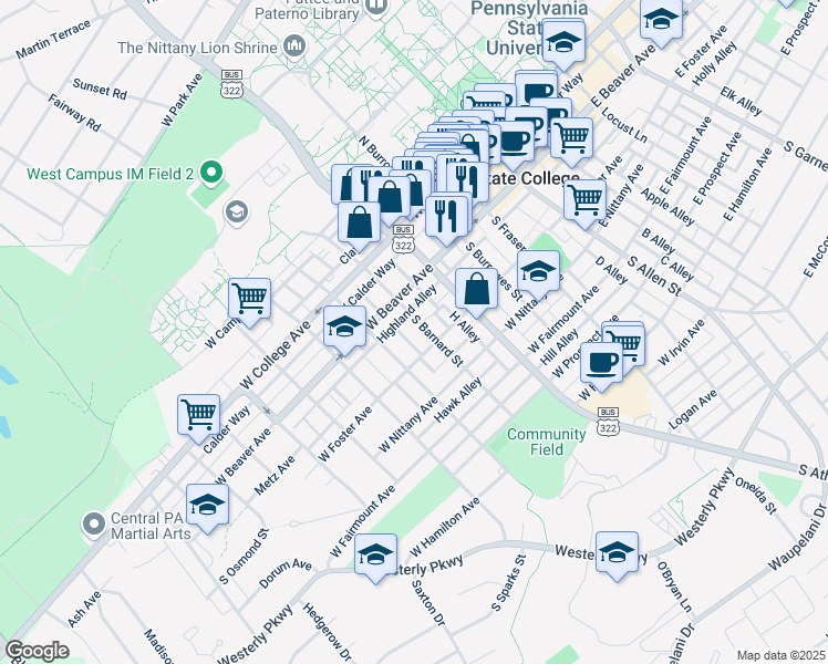 map of restaurants, bars, coffee shops, grocery stores, and more near 212 South Barnard Street in State College