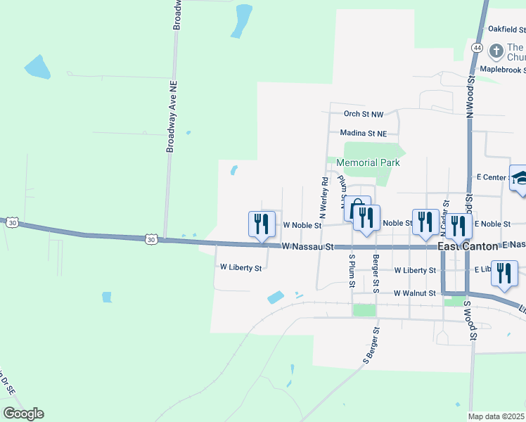 map of restaurants, bars, coffee shops, grocery stores, and more near 245 Summit Avenue in East Canton