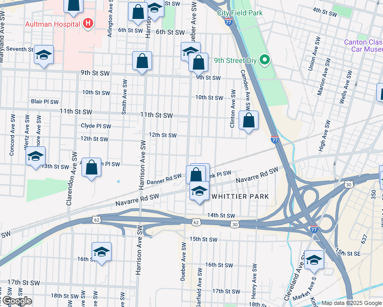 map of restaurants, bars, coffee shops, grocery stores, and more near 1215 Dueber Avenue Southwest in Canton