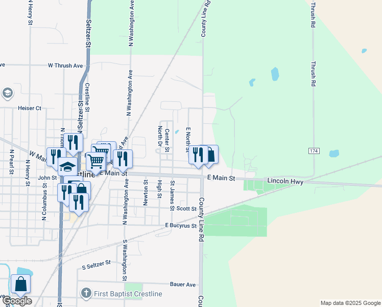 map of restaurants, bars, coffee shops, grocery stores, and more near 581 County Line Road in Crestline