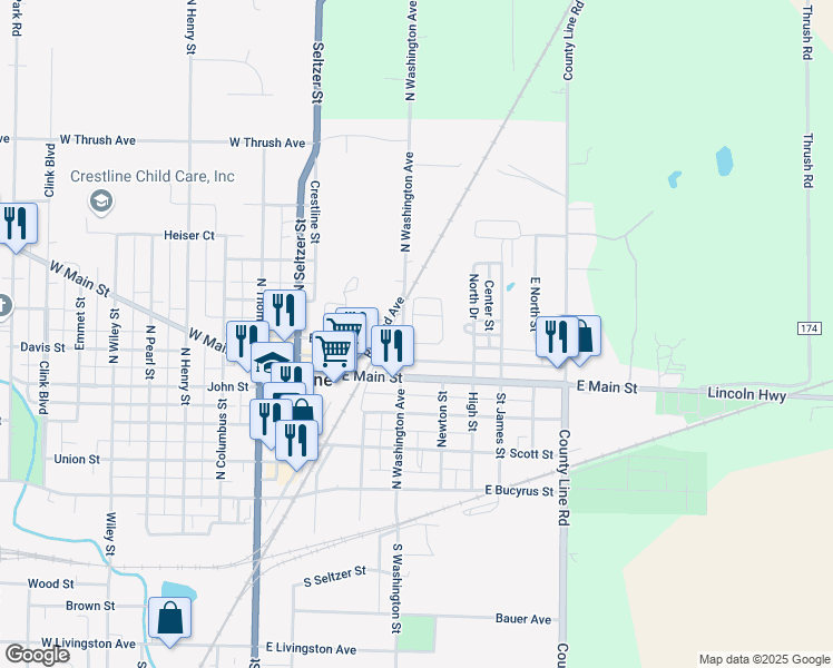 map of restaurants, bars, coffee shops, grocery stores, and more near 500-578 North Washington Street in Crestline