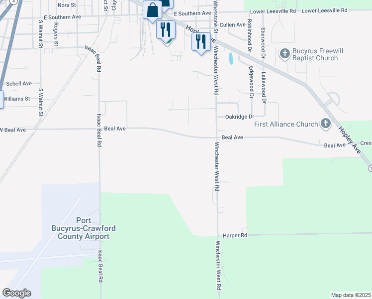 map of restaurants, bars, coffee shops, grocery stores, and more near 1065 Beal Avenue in Bucyrus