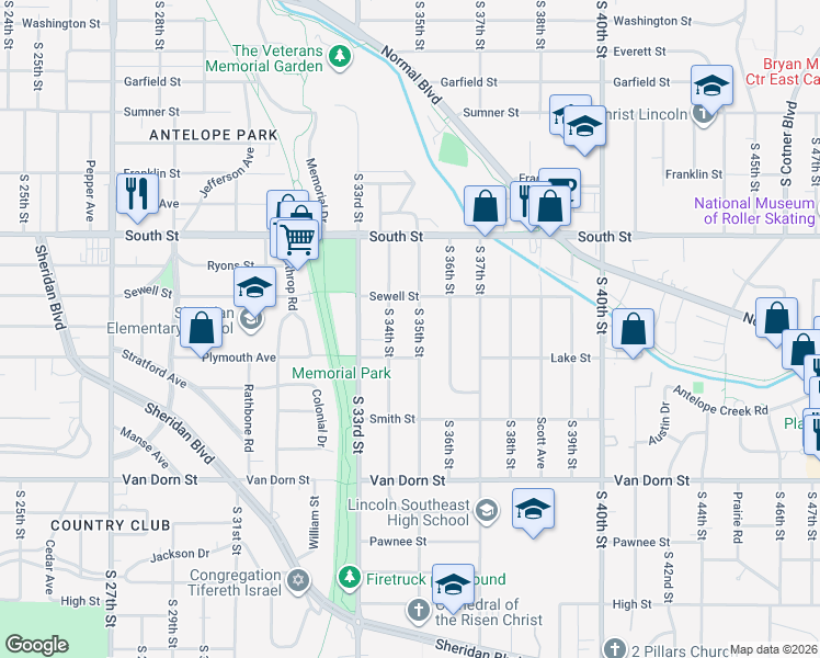 map of restaurants, bars, coffee shops, grocery stores, and more near 2323 South 35th Street in Lincoln