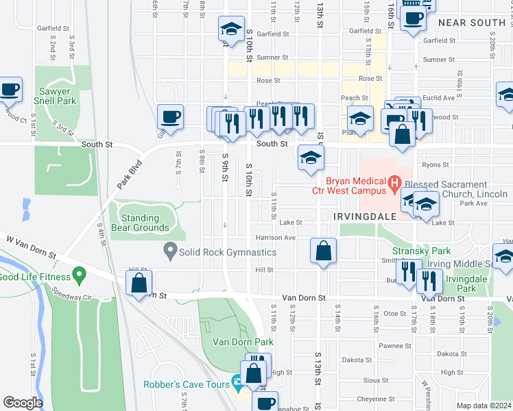 map of restaurants, bars, coffee shops, grocery stores, and more near 1026 Park Avenue in Lincoln