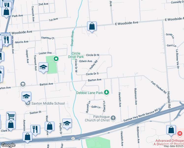 map of restaurants, bars, coffee shops, grocery stores, and more near 125 East Patchogue Yaphank Road in East Patchogue